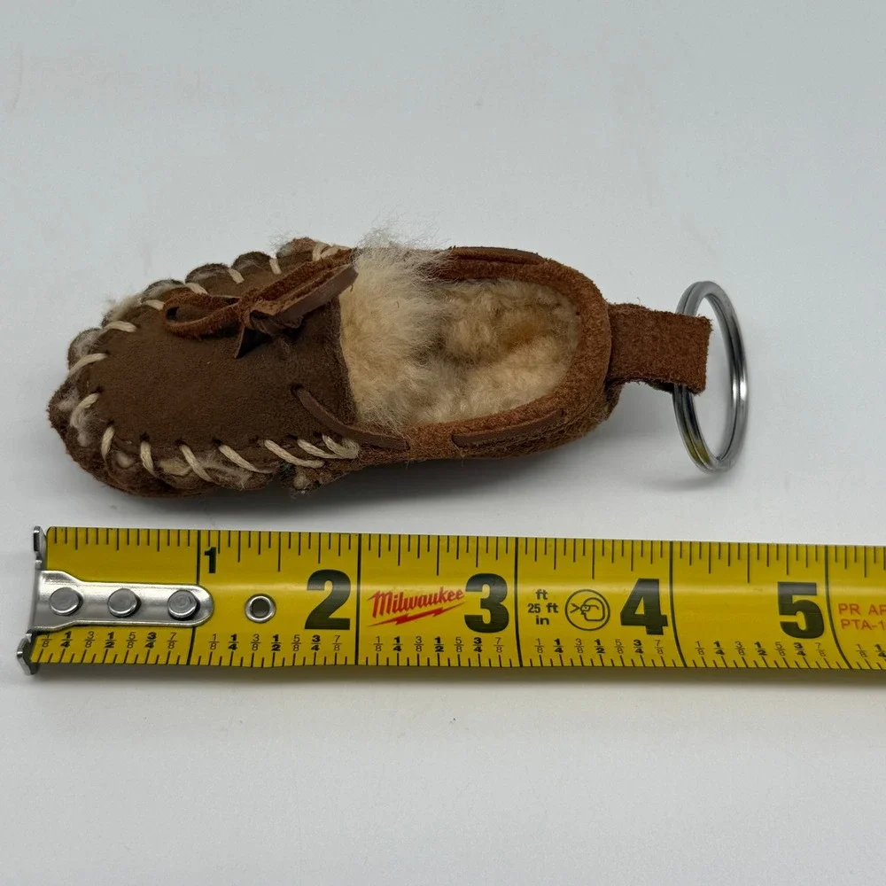 Vintage LL Bean Moccasin Keychain Brown Suede Shearling Mini Slipper Charm